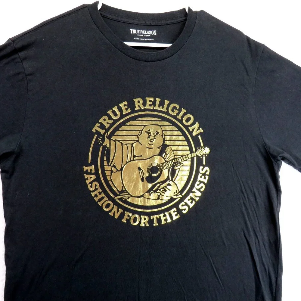 True Religion T Shirt Mens Sz‎ Extra Large Black G old Foil Graphic Short Sleeve